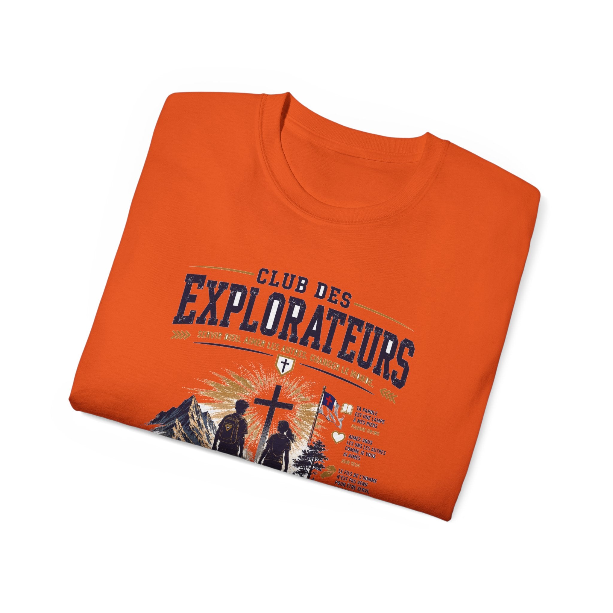 Explorateurs engagés dans leur mission T-shirt | Croix chrétienne silhouette, design d’insigne de foi