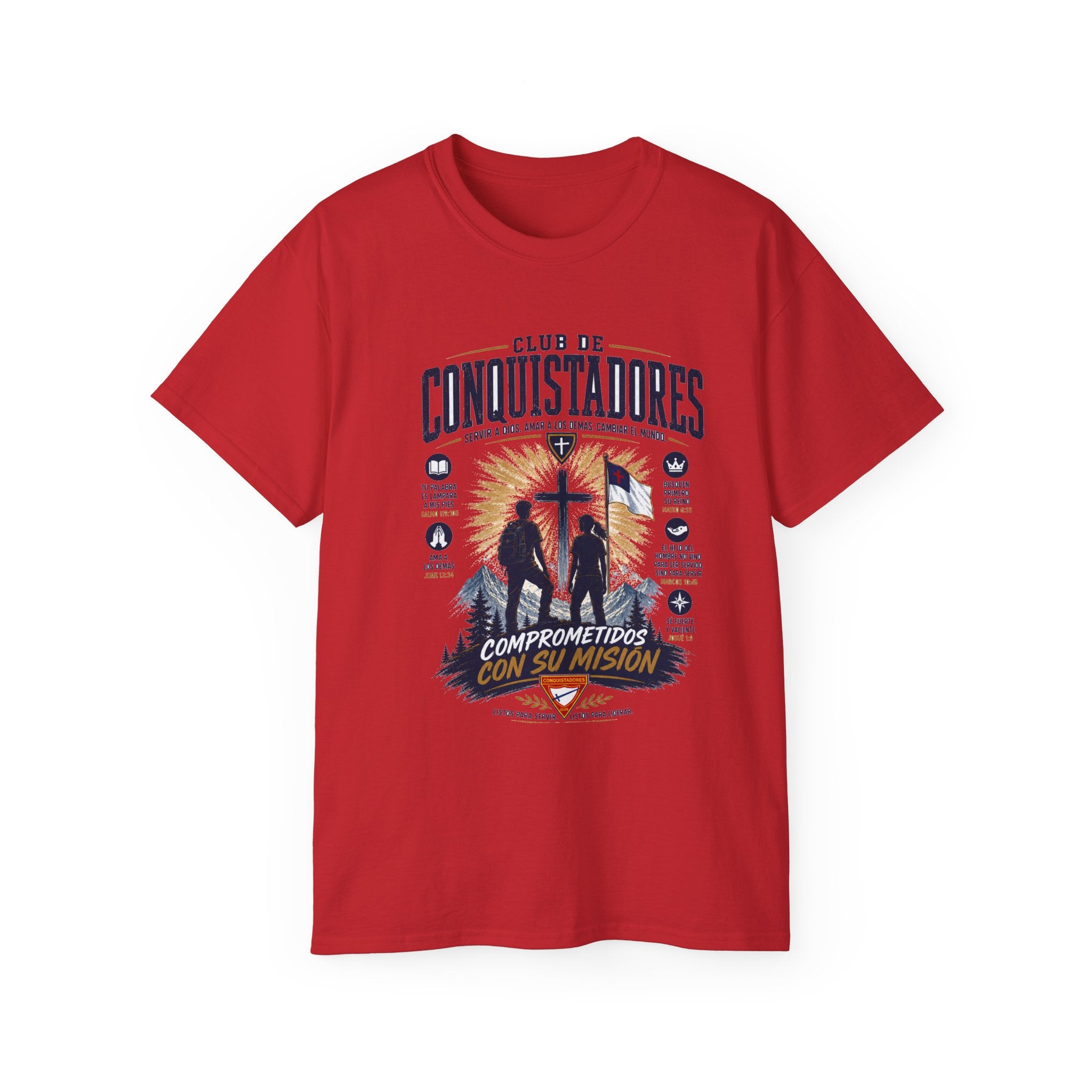 Conquistadores comprometido con su misión T-Shirt | Silueta de cruz cristiana, diseño de insignia de fe