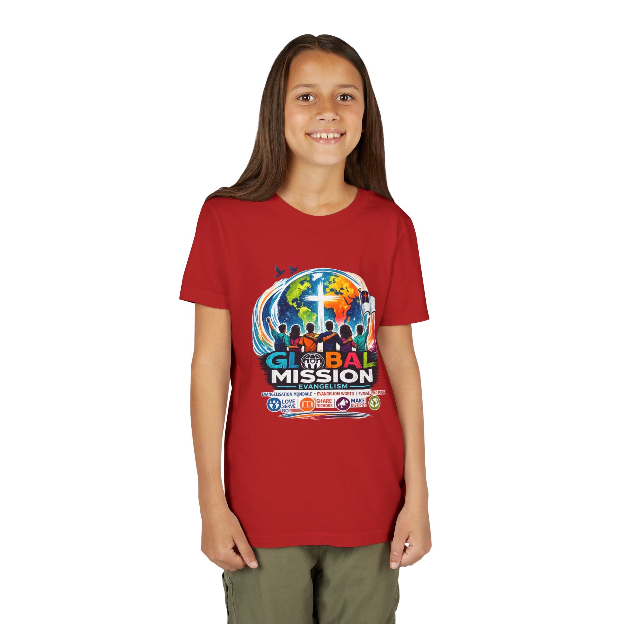 Youth Tee — Global Mission Kids Christian T‑Shirt with Cross & World Design