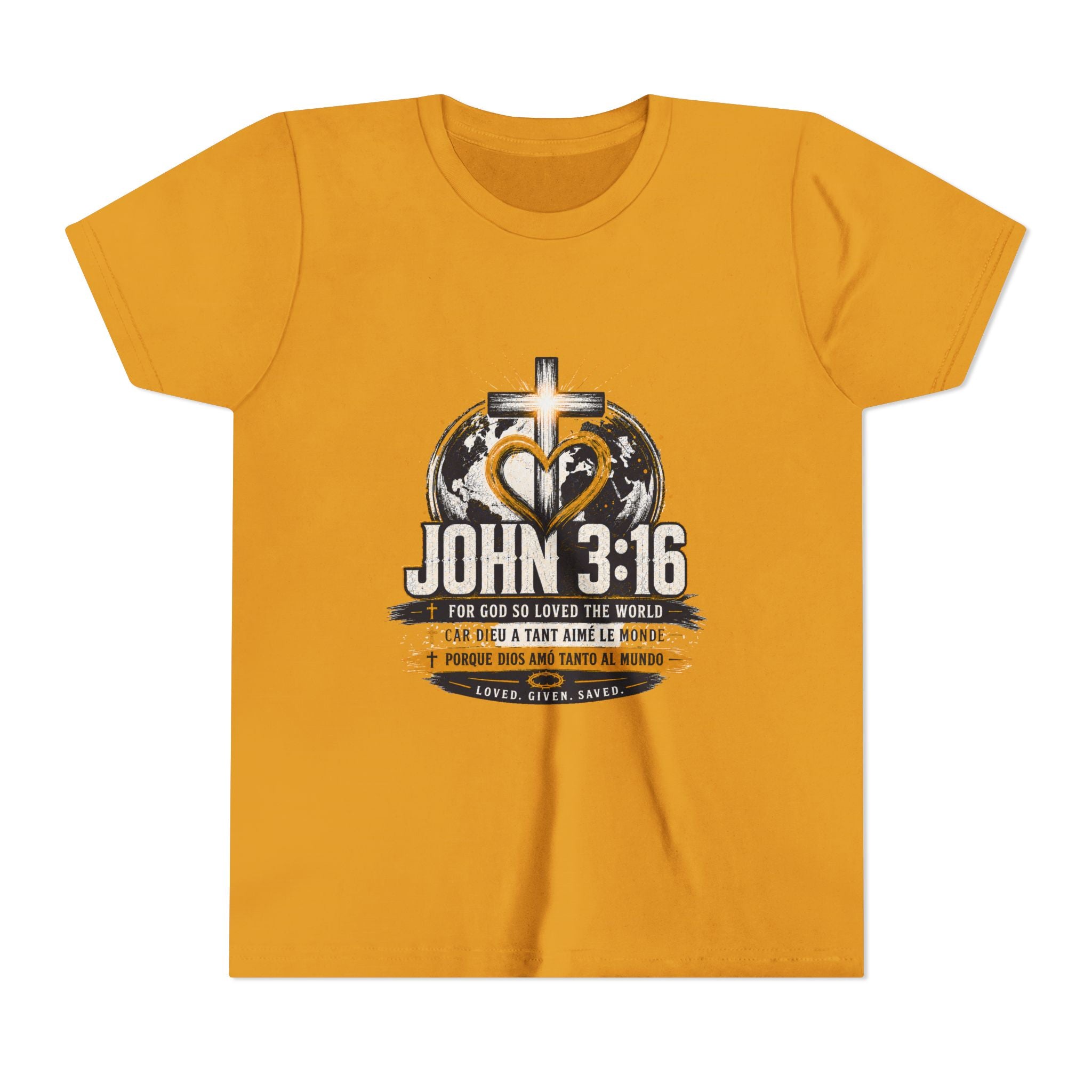 John 3:16 Youth Tee — Christian Inspirational Kids Shirt with Cross & Globe Design