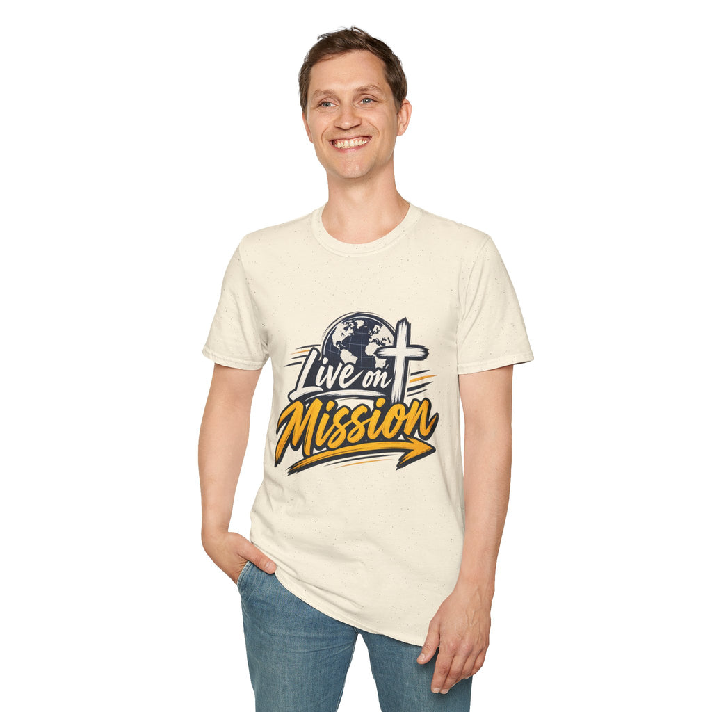 Live on Mission T-Shirt — Inspirational Christian Faith Tee with Globe & Cross Design