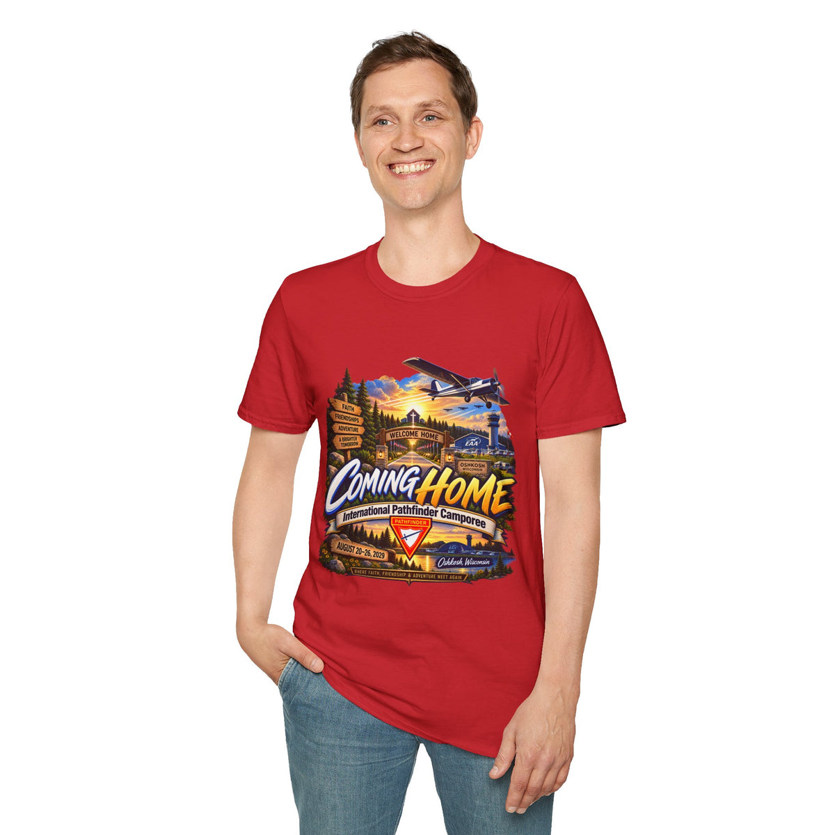 International Pathfinder Camporee 2029 (Stand Strong)- Coming Home T-Shirt — Vintage Airplane Sunset Travel Tee