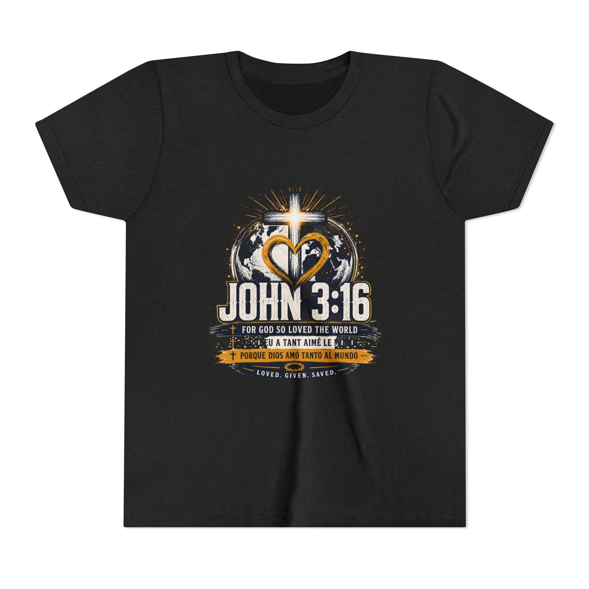 John 3:16 Youth Tee — Christian Inspirational Kids Shirt with Cross & Globe Design