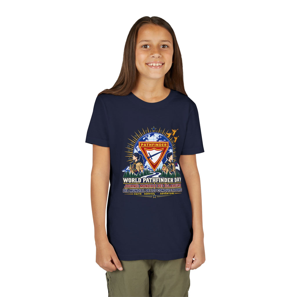 Youth Tee — World Pathfinder Day Badge Graphic (Trilingual)