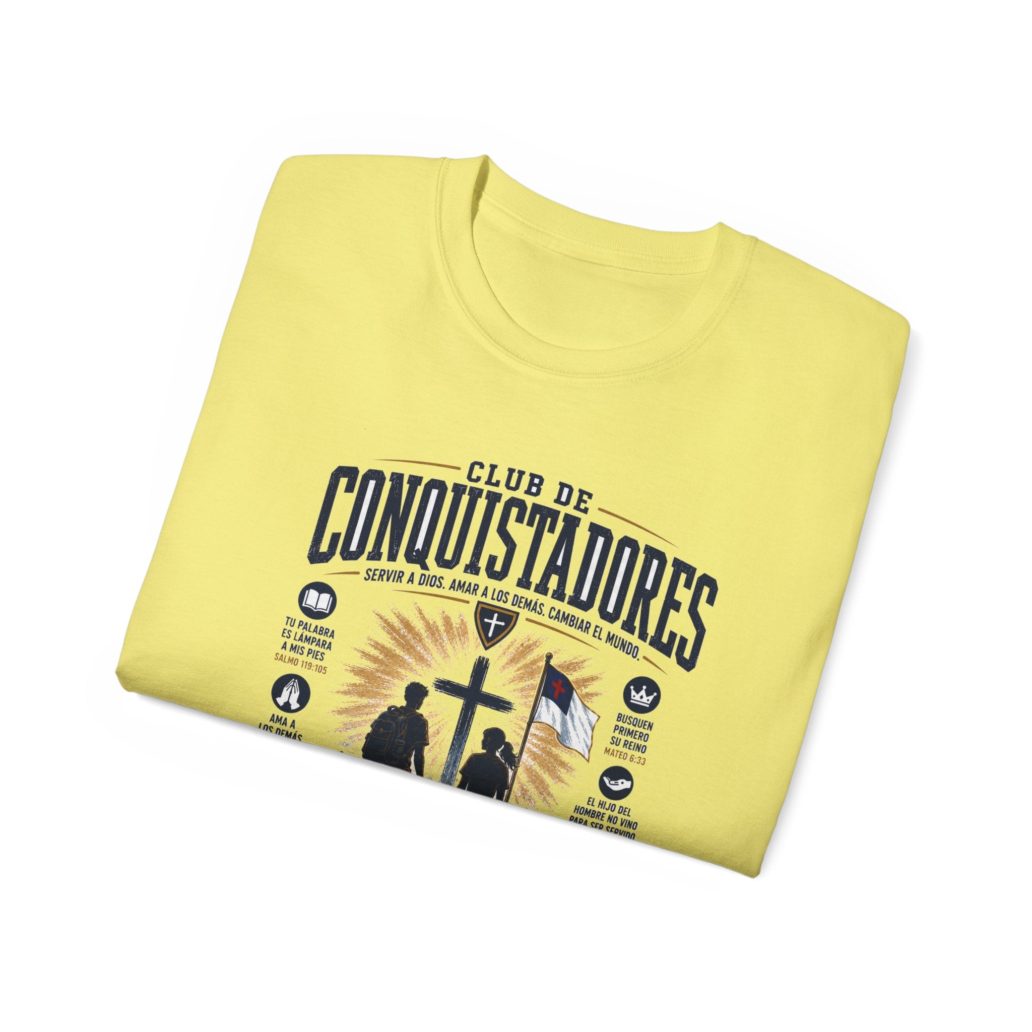 Conquistadores comprometido con su misión T-Shirt | Silueta de cruz cristiana, diseño de insignia de fe