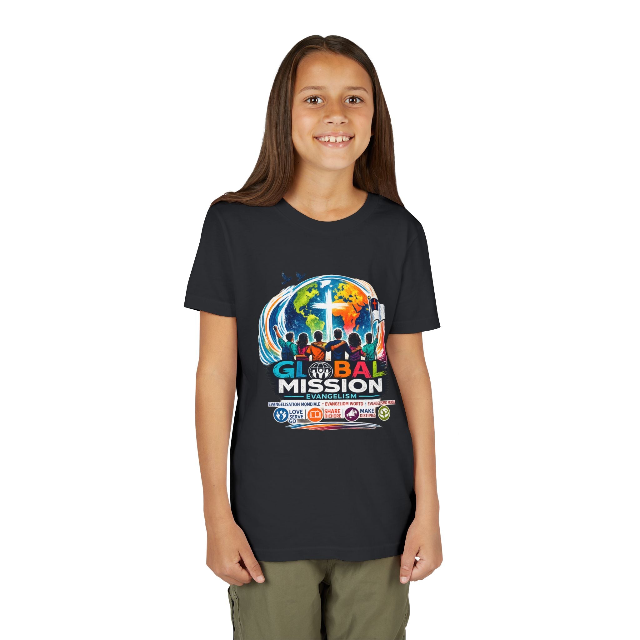 Youth Tee — Global Mission Kids Christian T‑Shirt with Cross & World Design