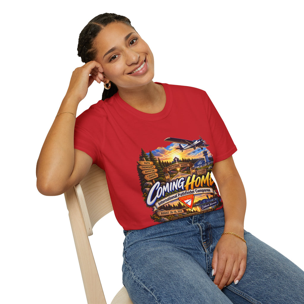 International Pathfinder Camporee 2029 (Stand Strong)- Coming Home T-Shirt — Vintage Airplane Sunset Travel Tee