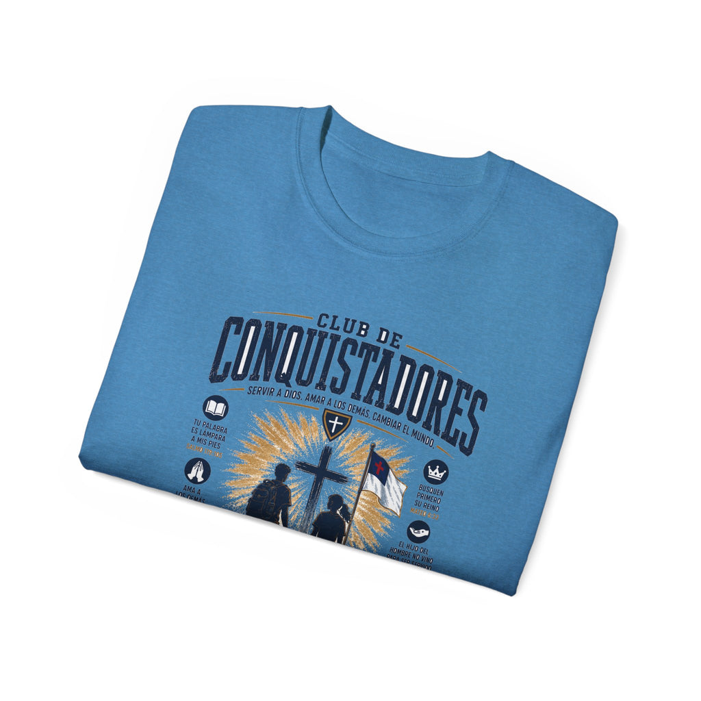 Conquistadores comprometido con su misión T-Shirt | Silueta de cruz cristiana, diseño de insignia de fe