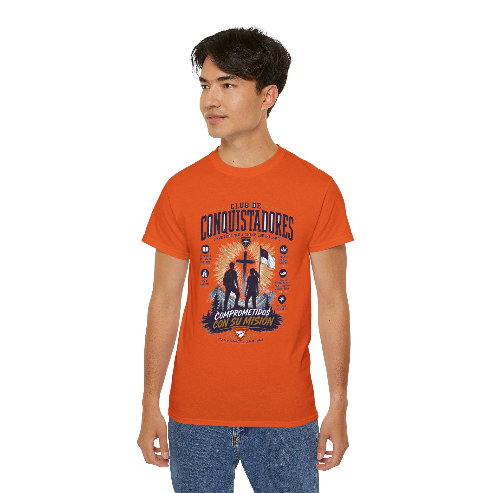 Conquistadores comprometido con su misión T-Shirt | Silueta de cruz cristiana, diseño de insignia de fe