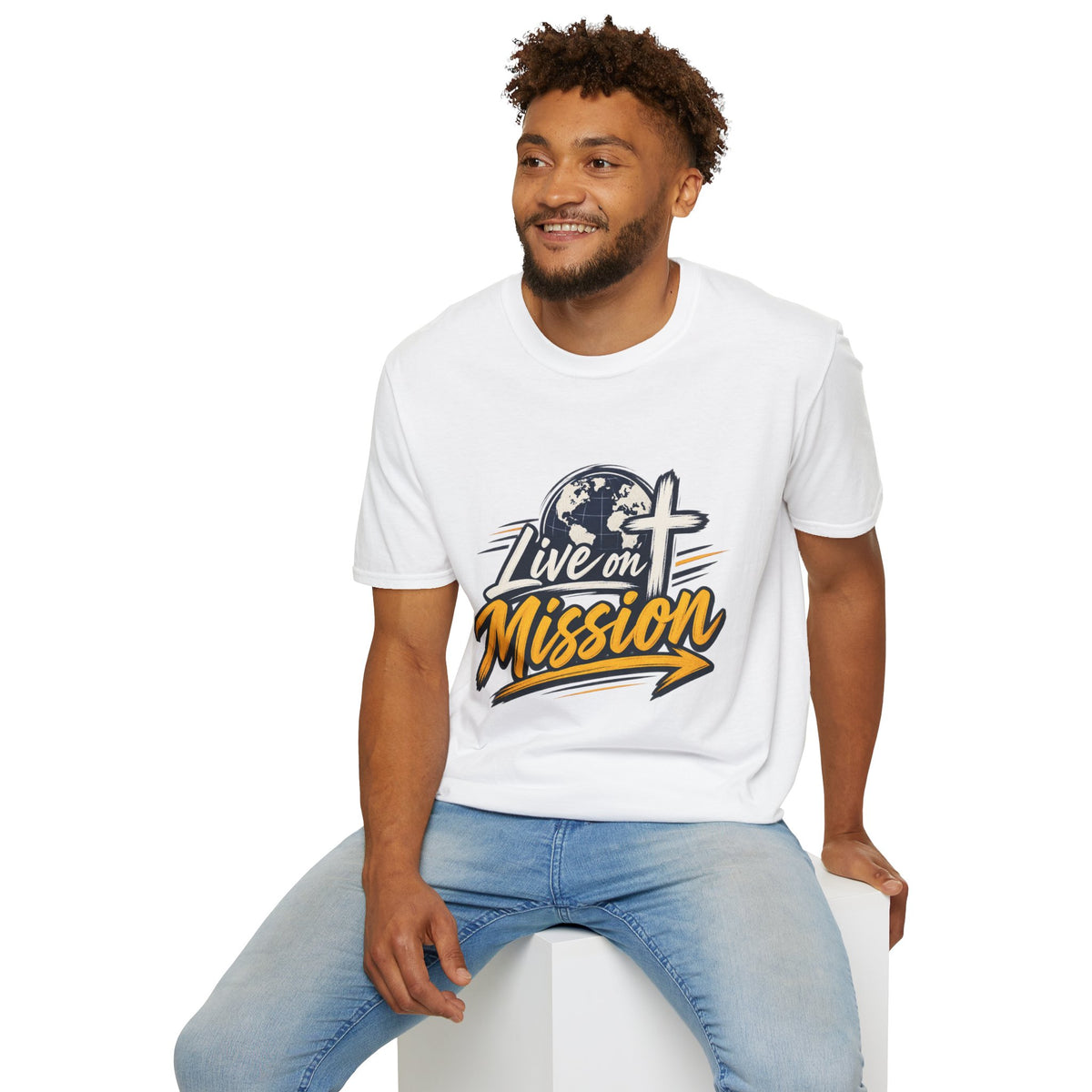 Live on Mission T-Shirt — Inspirational Christian Faith Tee with Globe & Cross Design