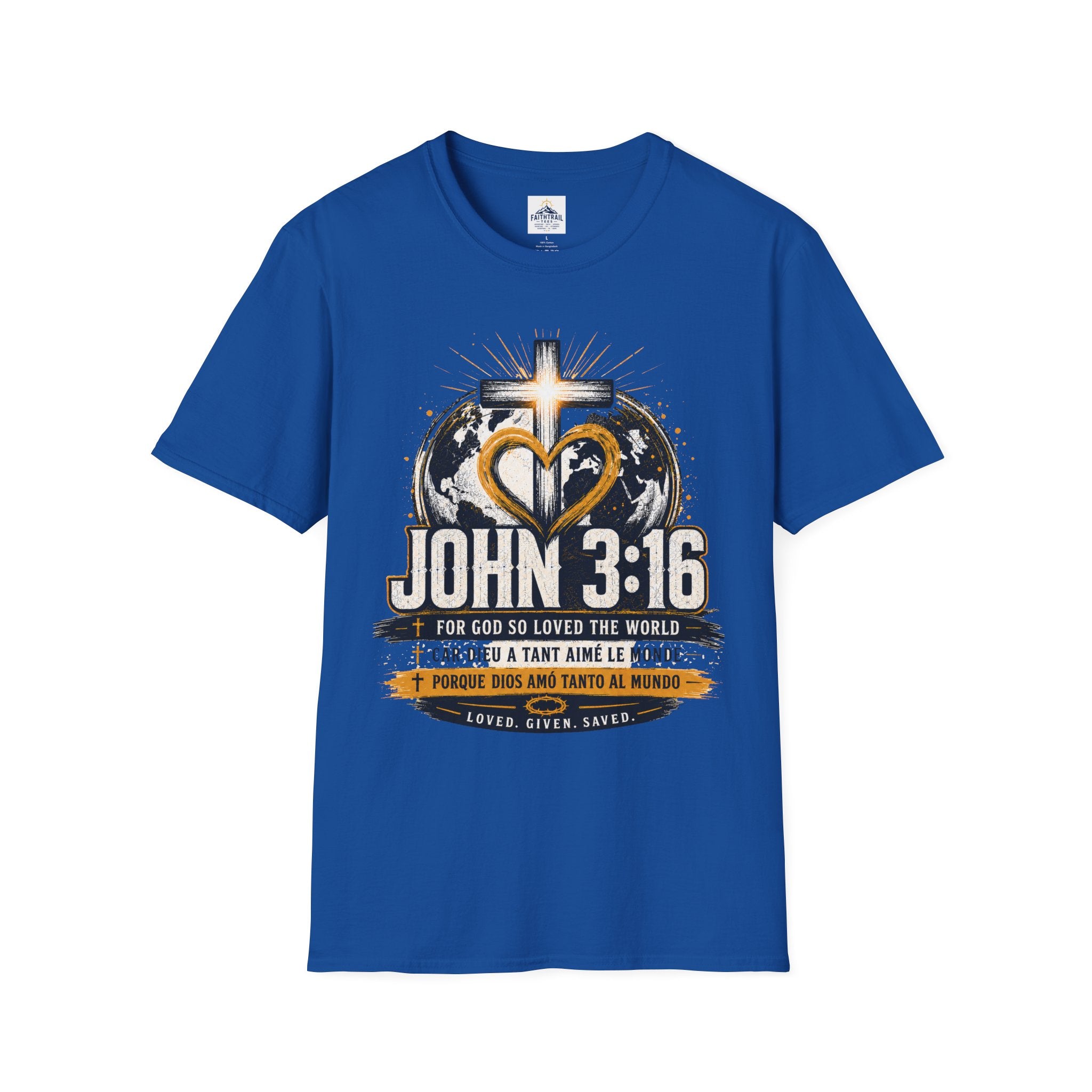 John 3:16 Christian Adult Unisex T-Shirt — Cross & Heart World Faith Tee