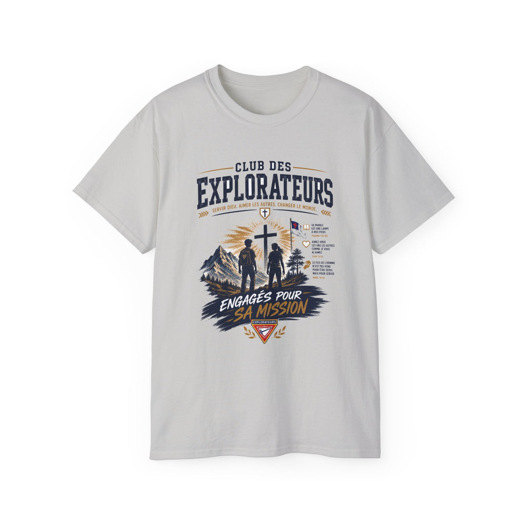 Explorateurs engagés dans leur mission T-shirt | Croix chrétienne silhouette, design d’insigne de foi
