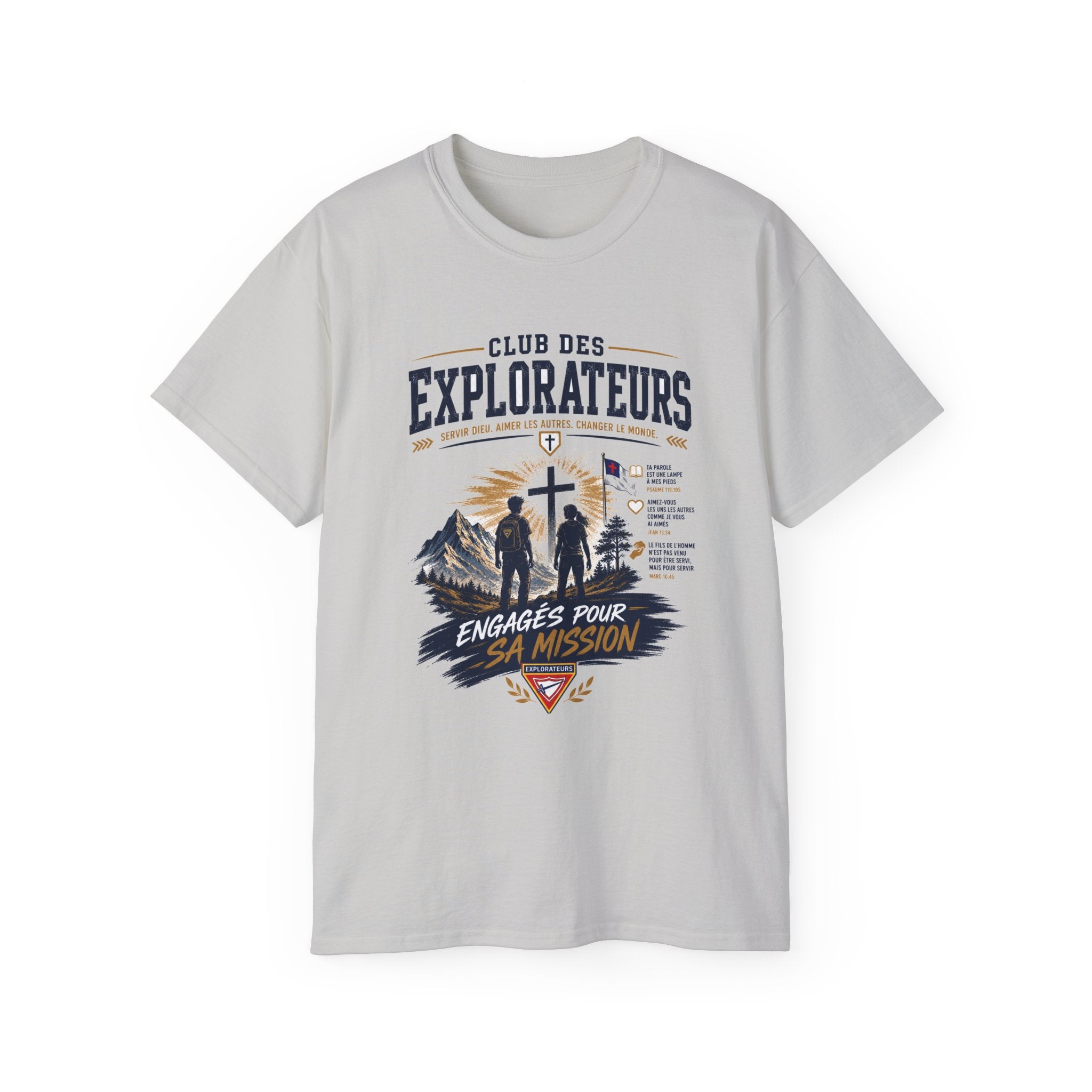 Explorateurs engagés dans leur mission T-shirt | Croix chrétienne silhouette, design d’insigne de foi