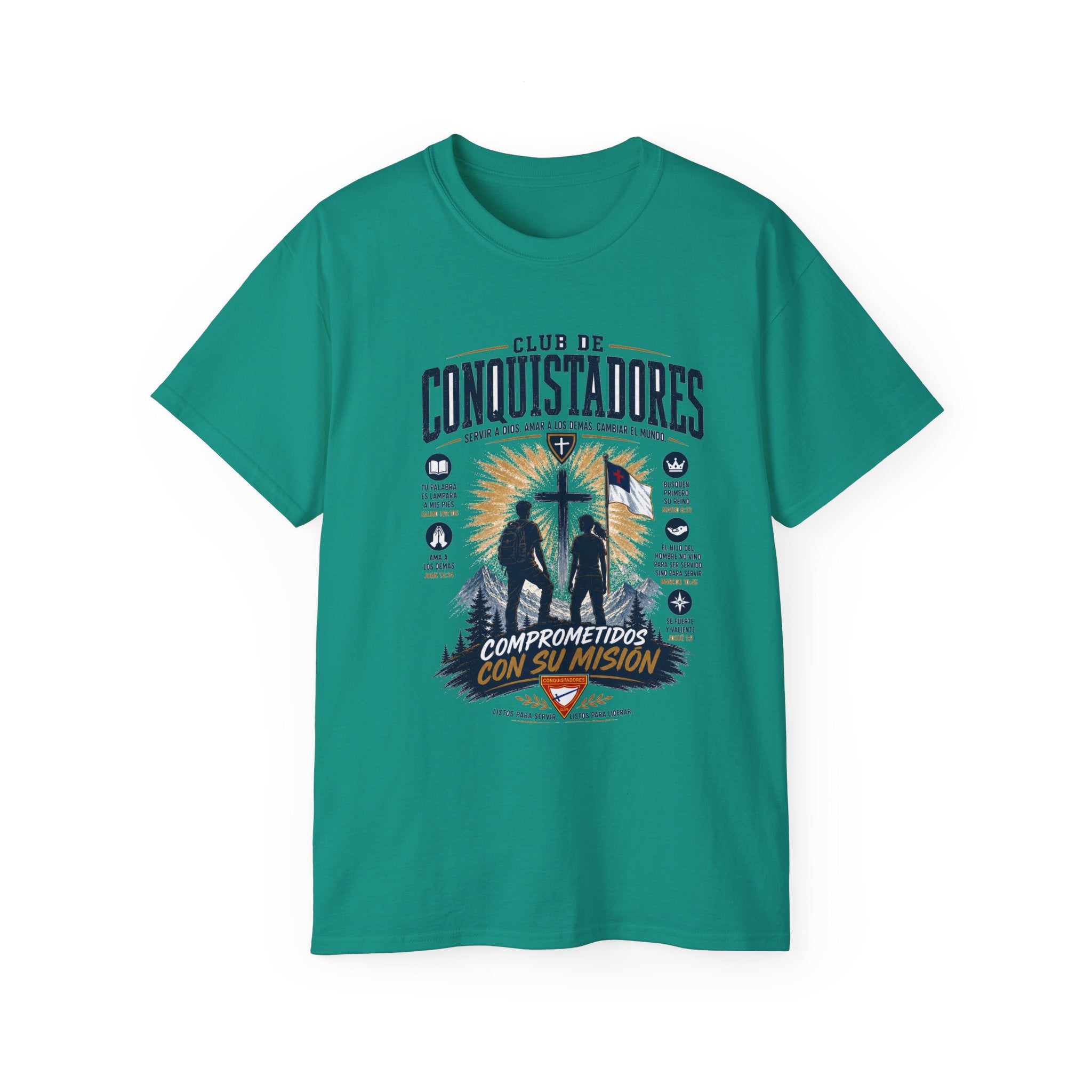 Conquistadores comprometido con su misión T-Shirt | Silueta de cruz cristiana, diseño de insignia de fe