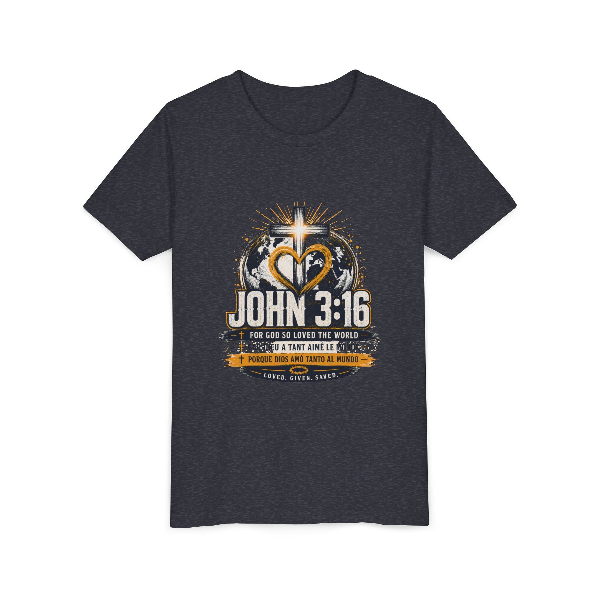 John 3:16 Youth Tee — Christian Inspirational Kids Shirt with Cross & Globe Design