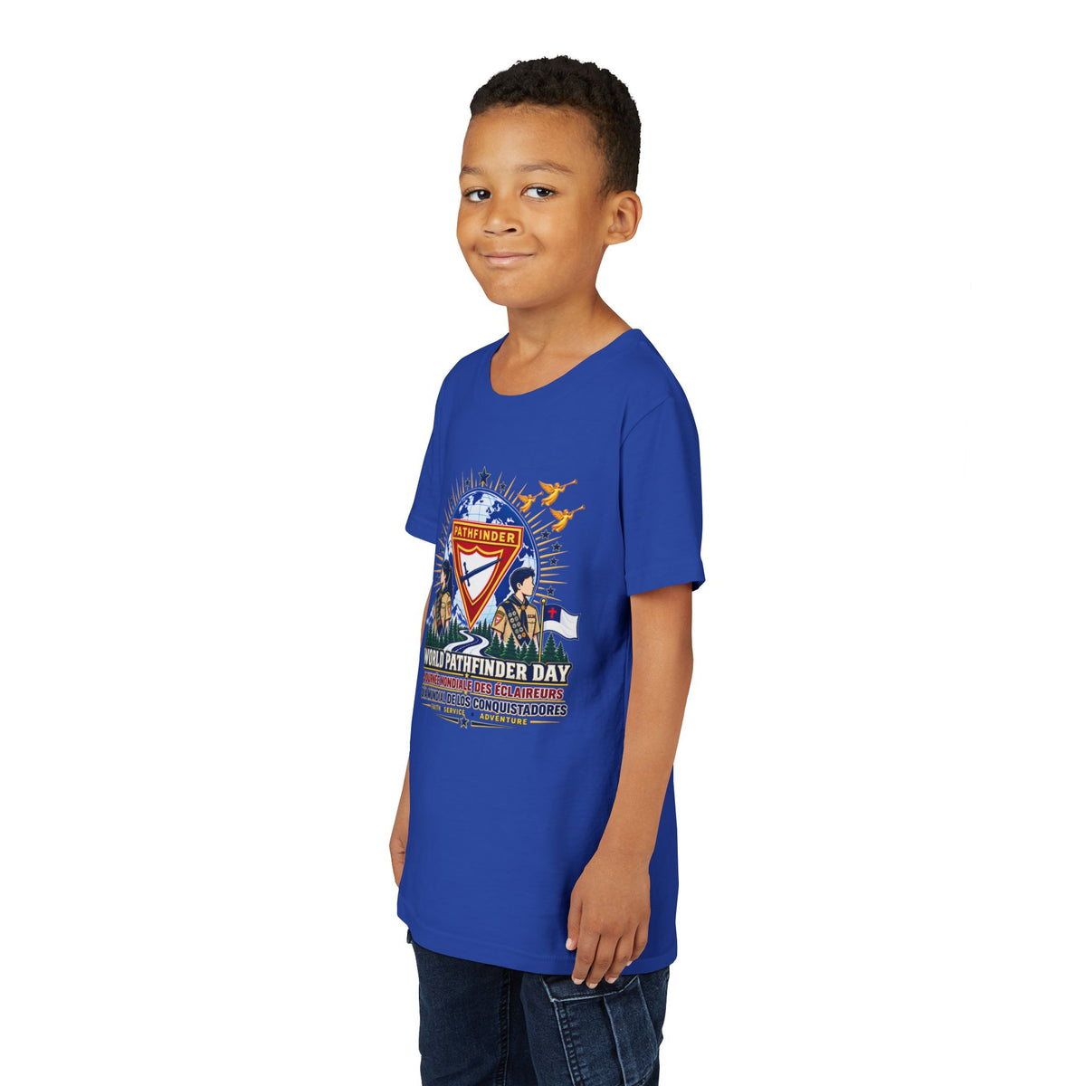Youth Tee — World Pathfinder Day Badge Graphic (Trilingual)