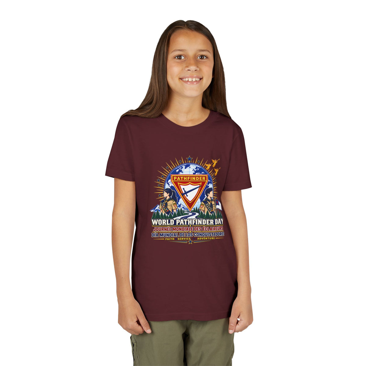 Youth Tee — World Pathfinder Day Badge Graphic (Trilingual)