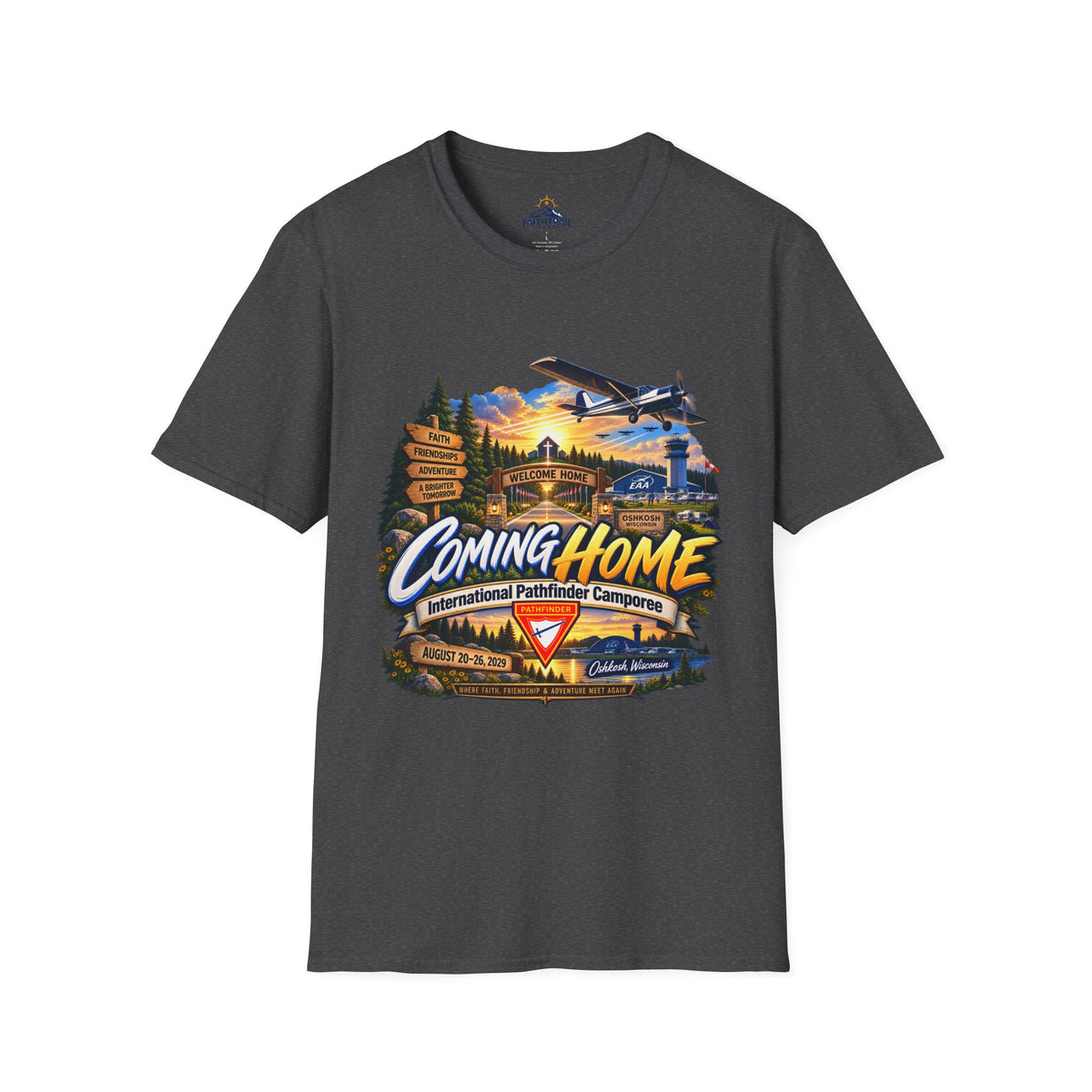 International Pathfinder Camporee 2029 (Stand Strong)- Coming Home T-Shirt — Vintage Airplane Sunset Travel Tee