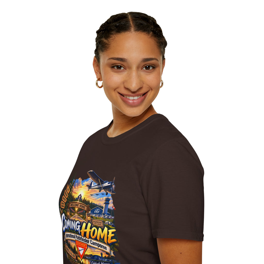 International Pathfinder Camporee 2029 (Stand Strong)- Coming Home T-Shirt — Vintage Airplane Sunset Travel Tee