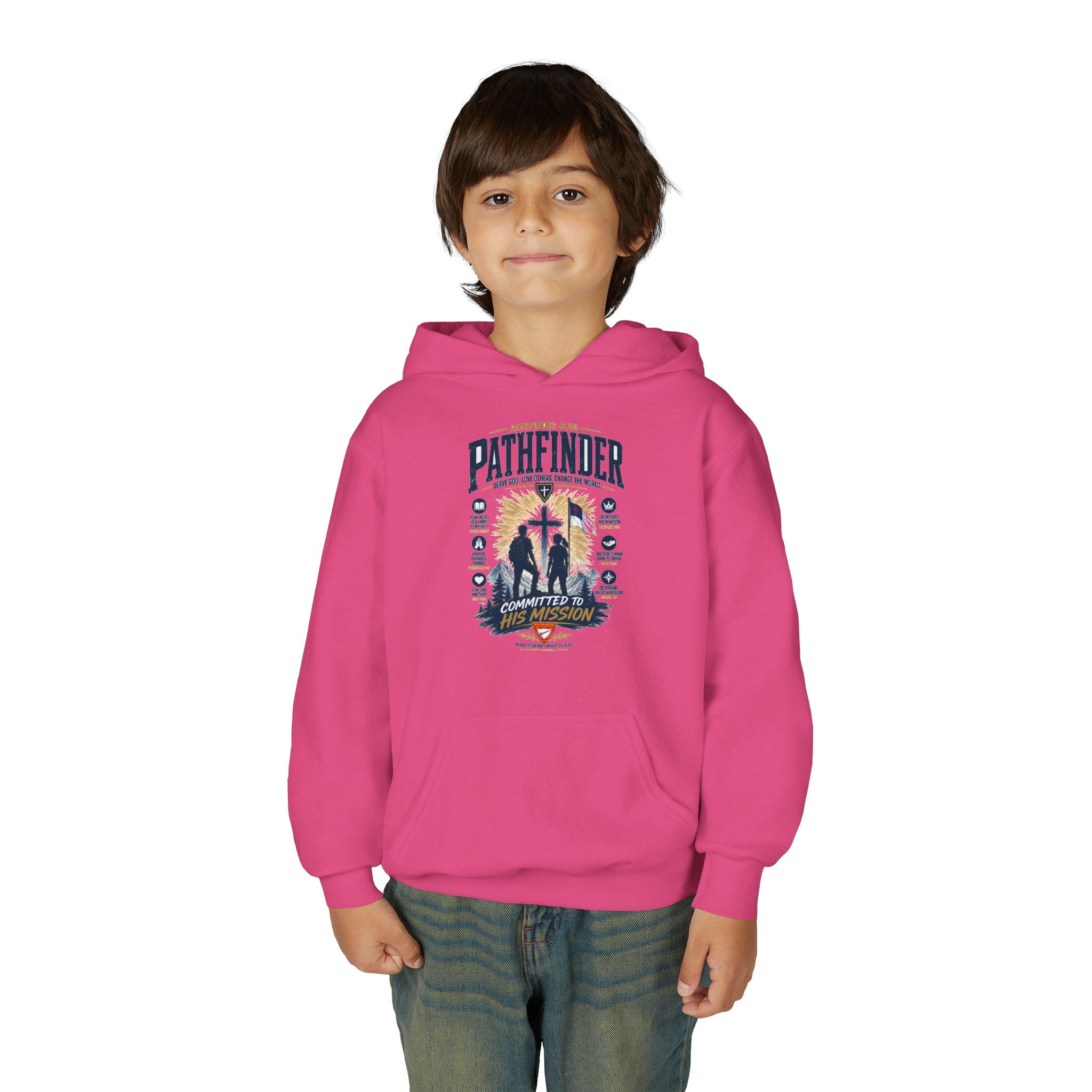 Pathfinder Cross Silhouette youth hoodie | Christian scout adventure design