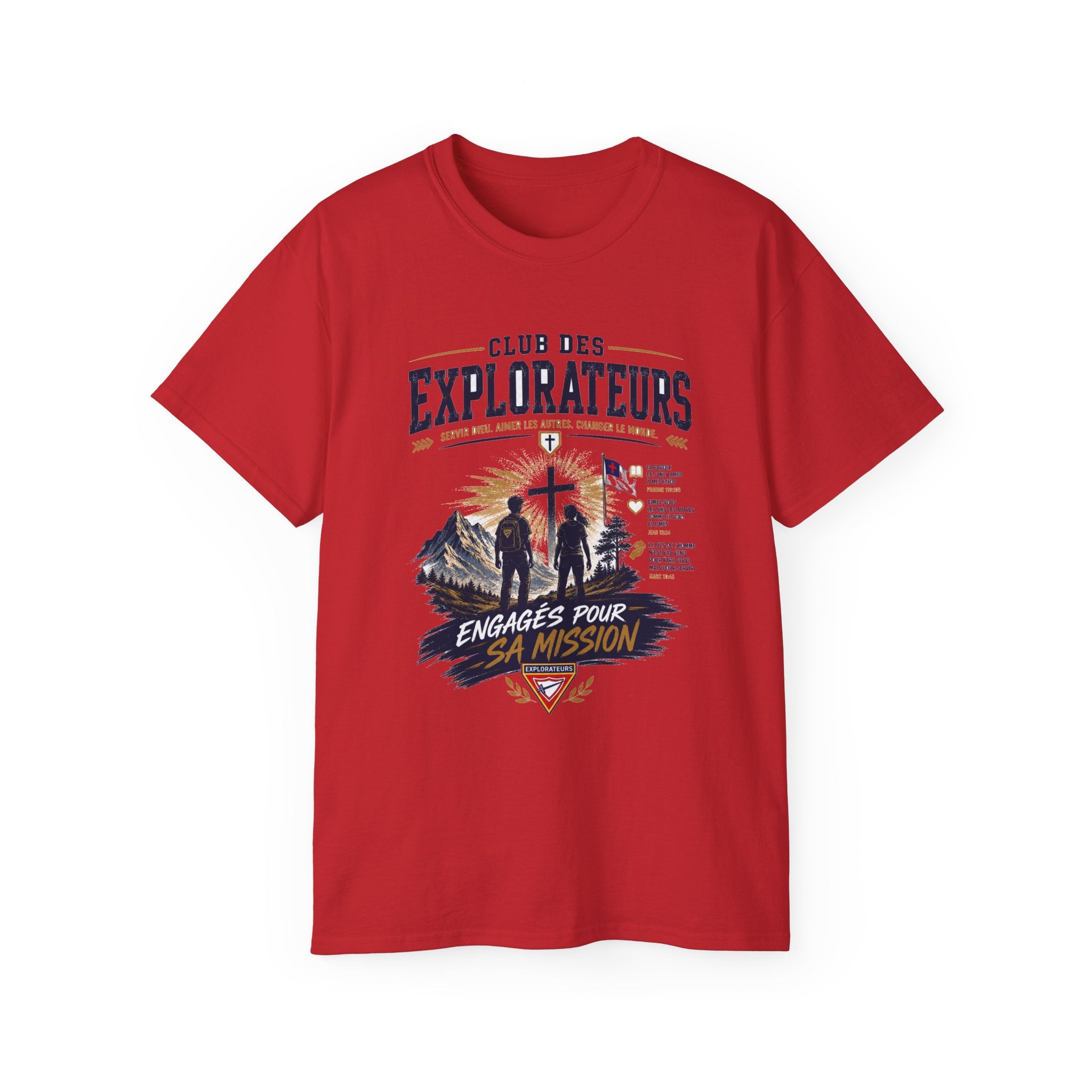 Explorateurs engagés dans leur mission T-shirt | Croix chrétienne silhouette, design d’insigne de foi