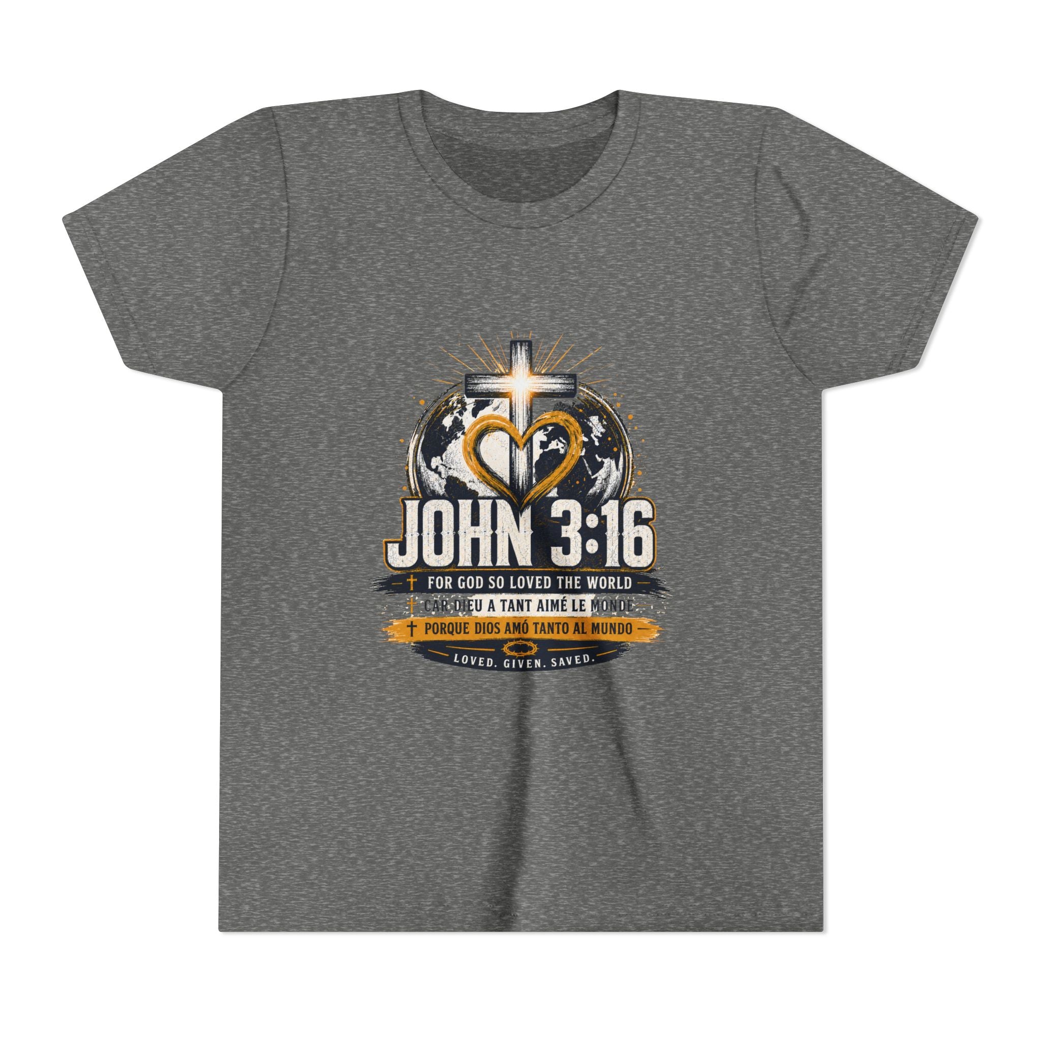 John 3:16 Youth Tee — Christian Inspirational Kids Shirt with Cross & Globe Design