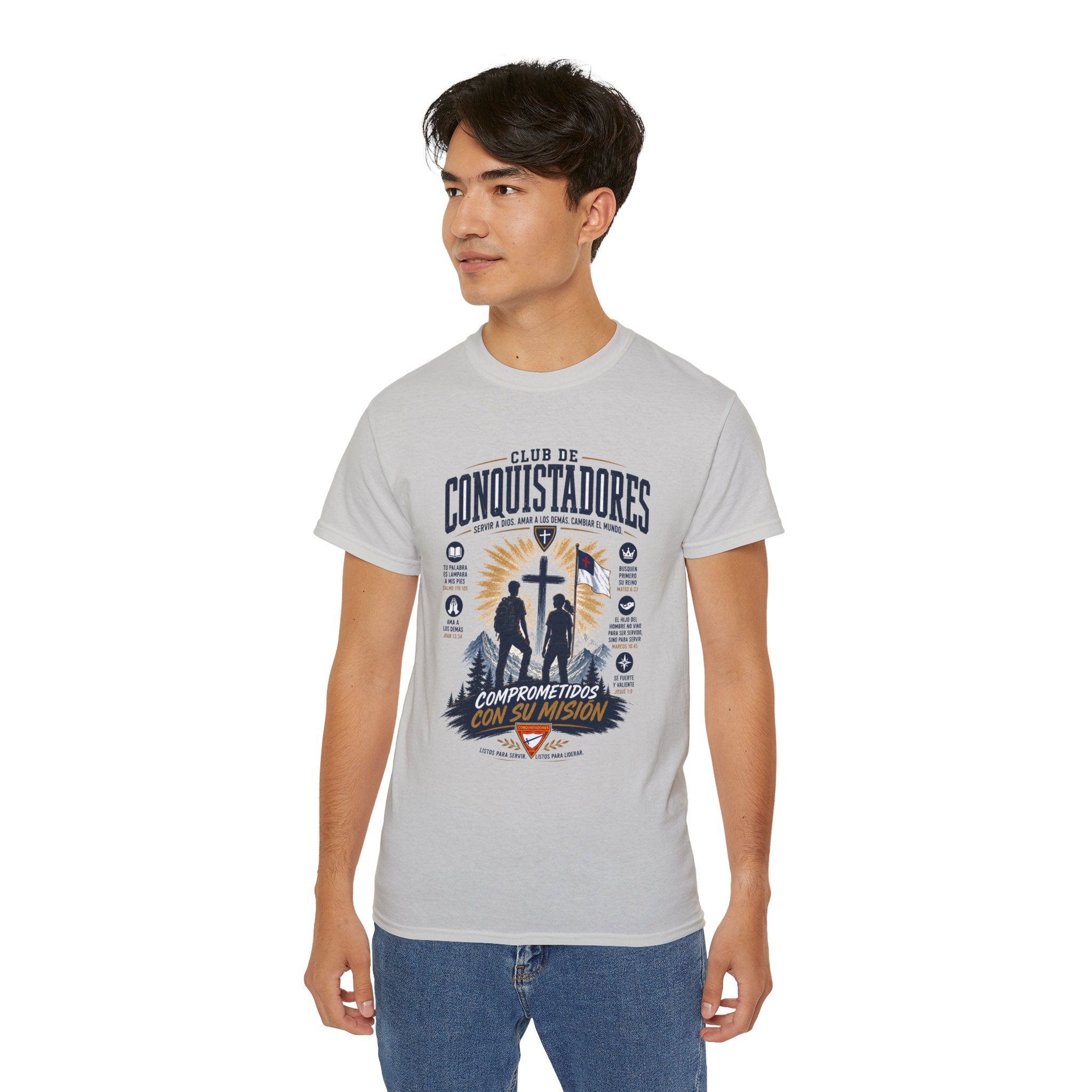 Conquistadores comprometido con su misión T-Shirt | Silueta de cruz cristiana, diseño de insignia de fe