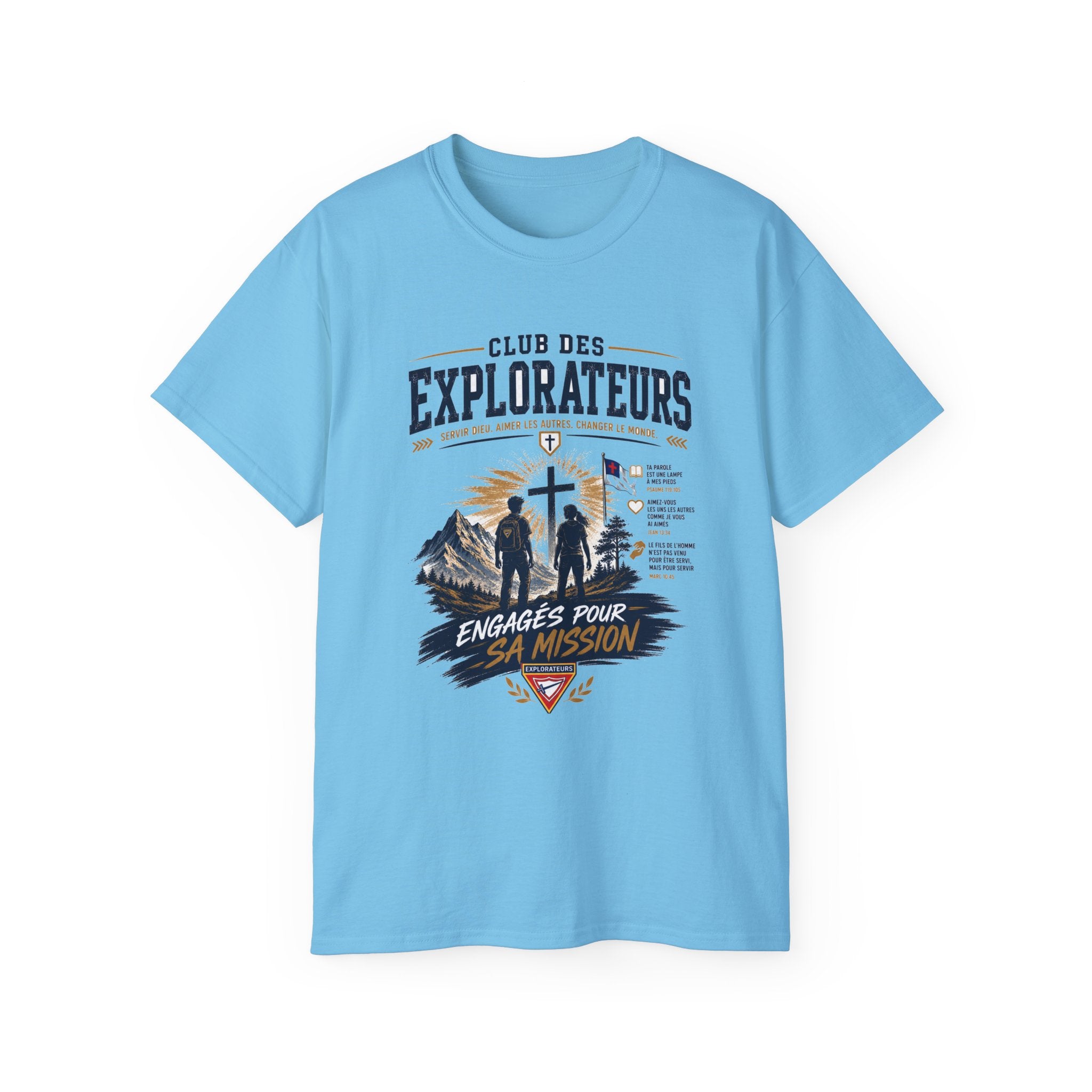 Explorateurs engagés dans leur mission T-shirt | Croix chrétienne silhouette, design d’insigne de foi