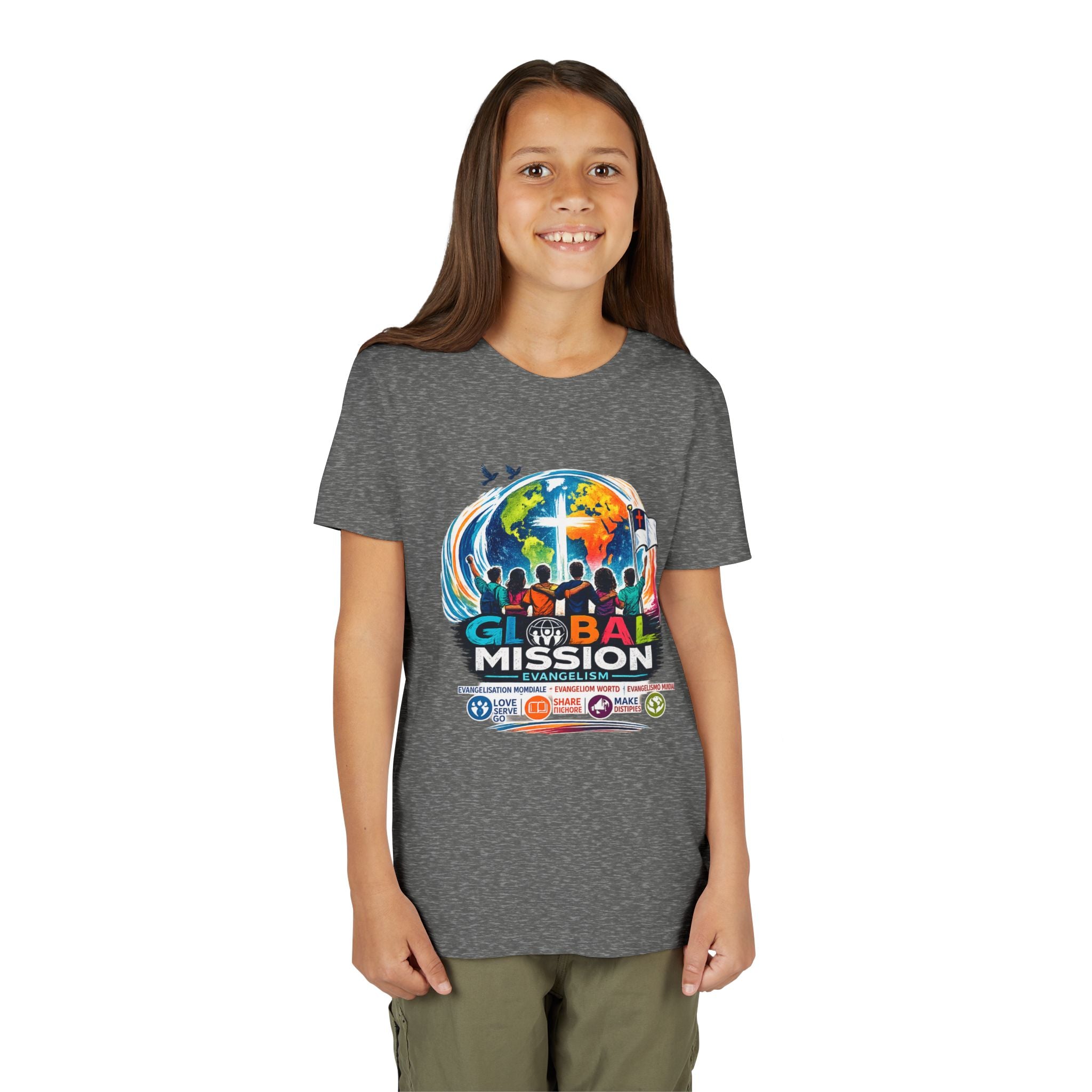 Youth Tee — Global Mission Kids Christian T‑Shirt with Cross & World Design