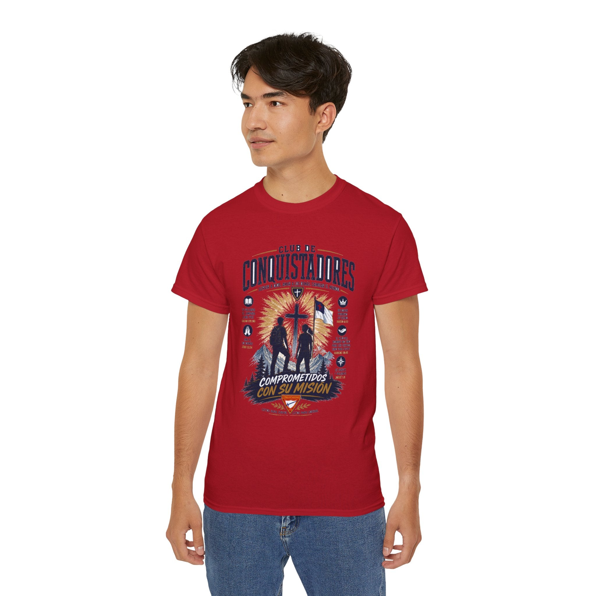 Conquistadores comprometido con su misión T-Shirt | Silueta de cruz cristiana, diseño de insignia de fe