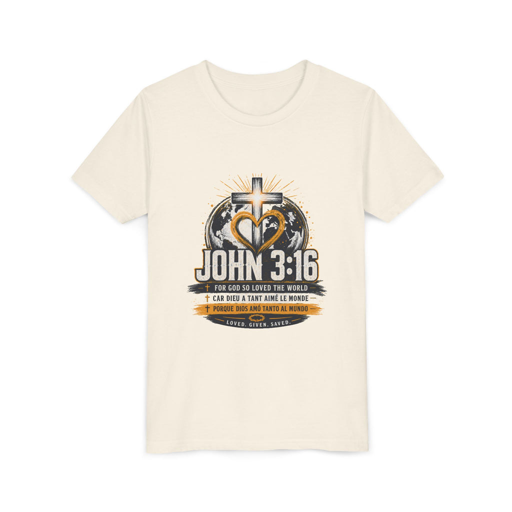 T-shirt pour jeune Jean 3:16 — T-shirt d'inspiration chrétienne pour enfants avec motif croix et globe