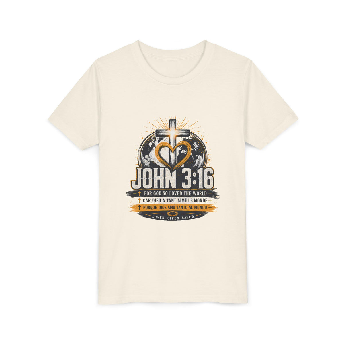 T-shirt pour jeune Jean 3:16 — T-shirt d'inspiration chrétienne pour enfants avec motif croix et globe