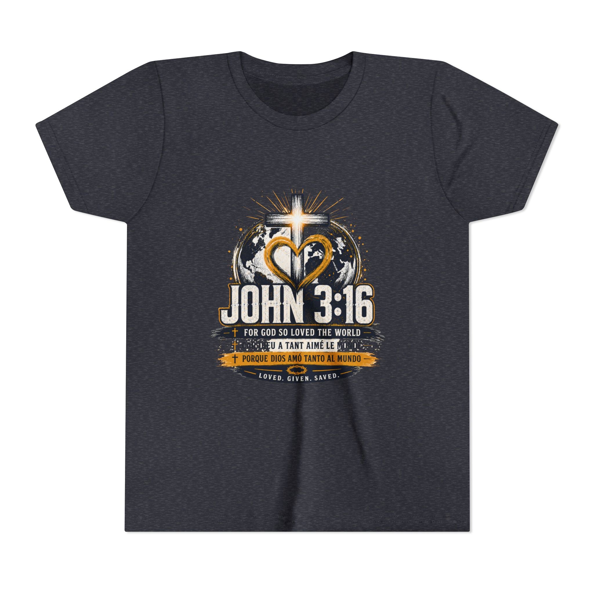 John 3:16 Youth Tee — Christian Inspirational Kids Shirt with Cross & Globe Design