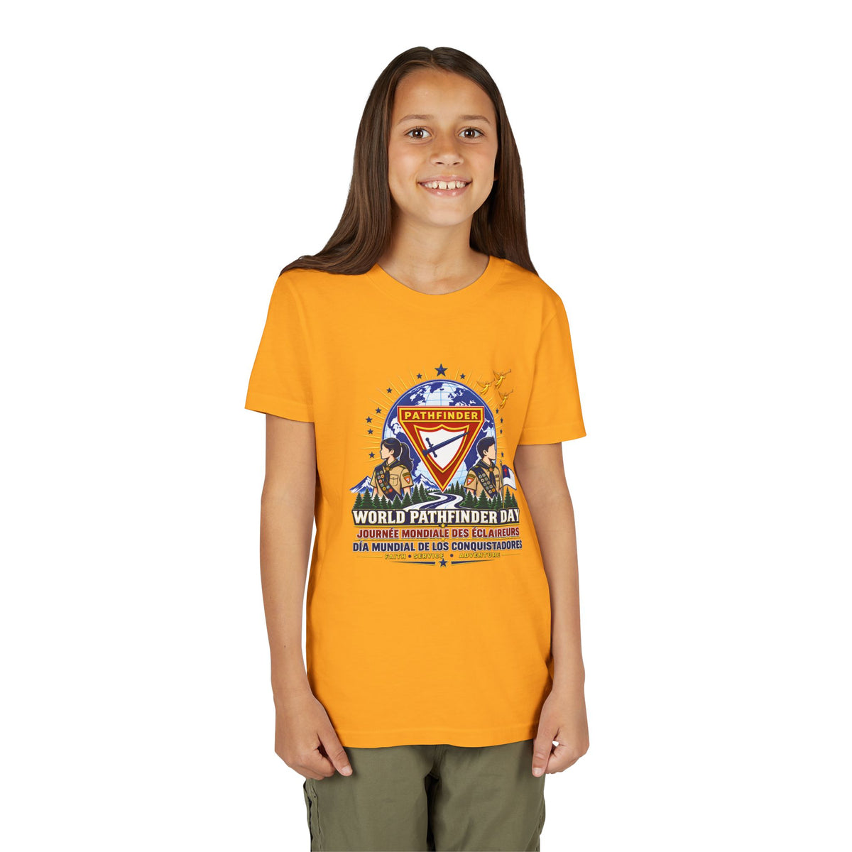 Youth Tee — World Pathfinder Day Badge Graphic (Trilingual)