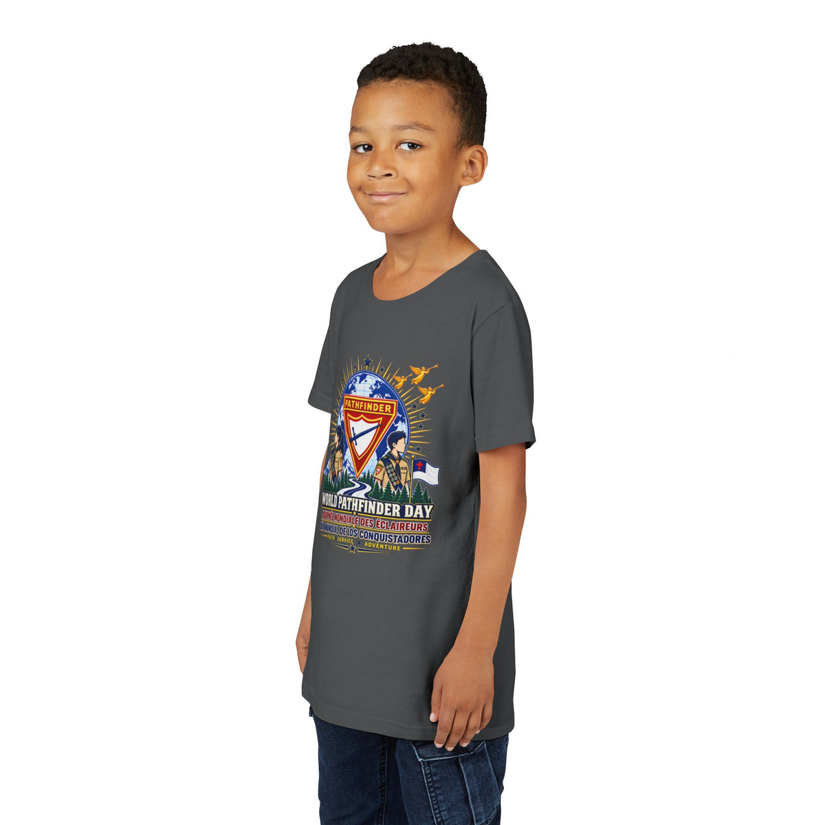 Youth Tee — World Pathfinder Day Badge Graphic (Trilingual)
