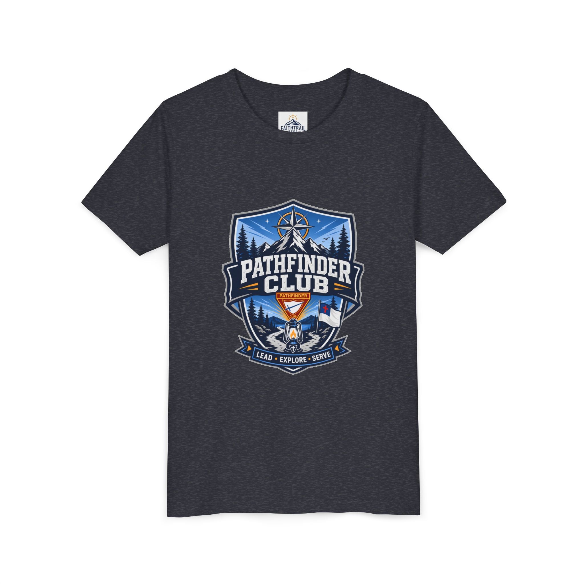 Pathfinder Club Youth T-Shirt | Camping Compass, Campfire, Pine Trees