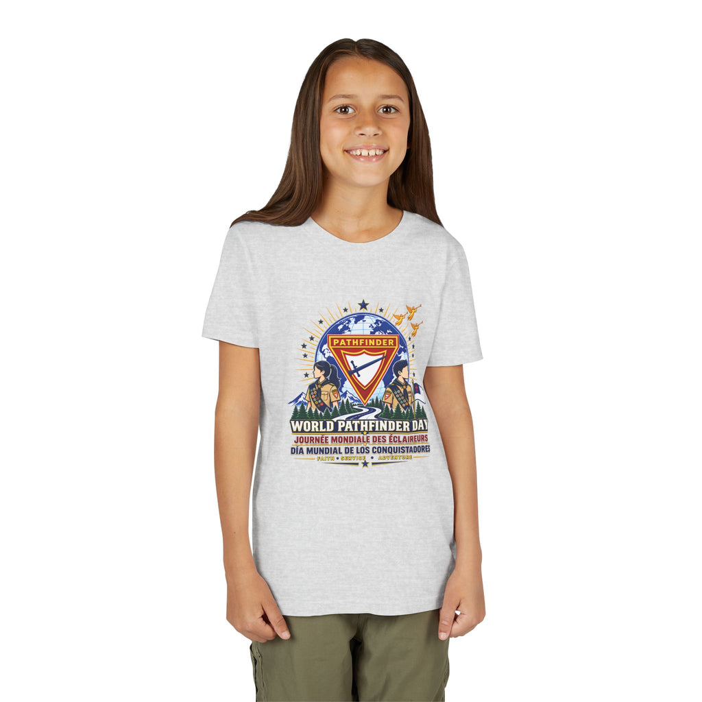Youth Tee — World Pathfinder Day Badge Graphic (Trilingual)