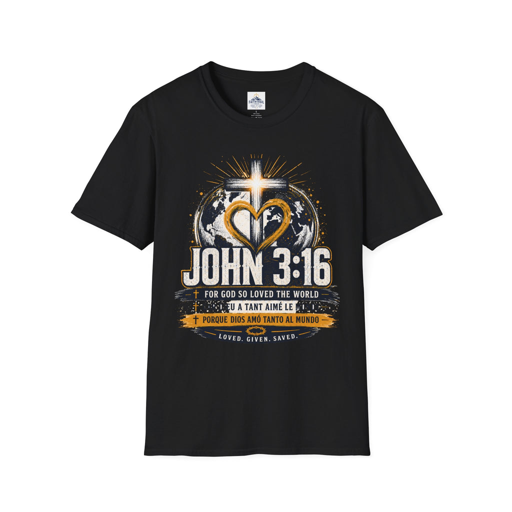 John 3:16 Christian Adult Unisex T-Shirt — Cross & Heart World Faith Tee