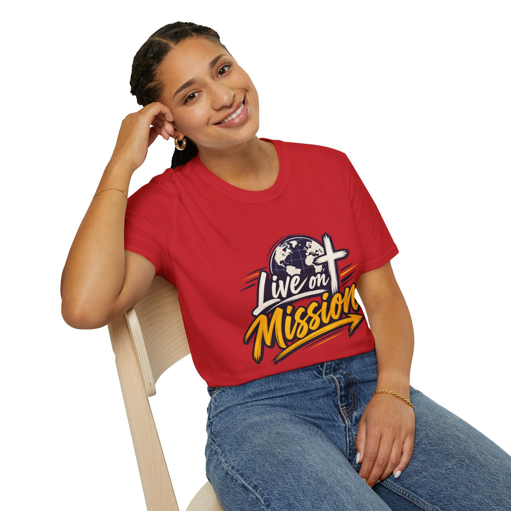 Live on Mission T-Shirt — Inspirational Christian Faith Tee with Globe & Cross Design