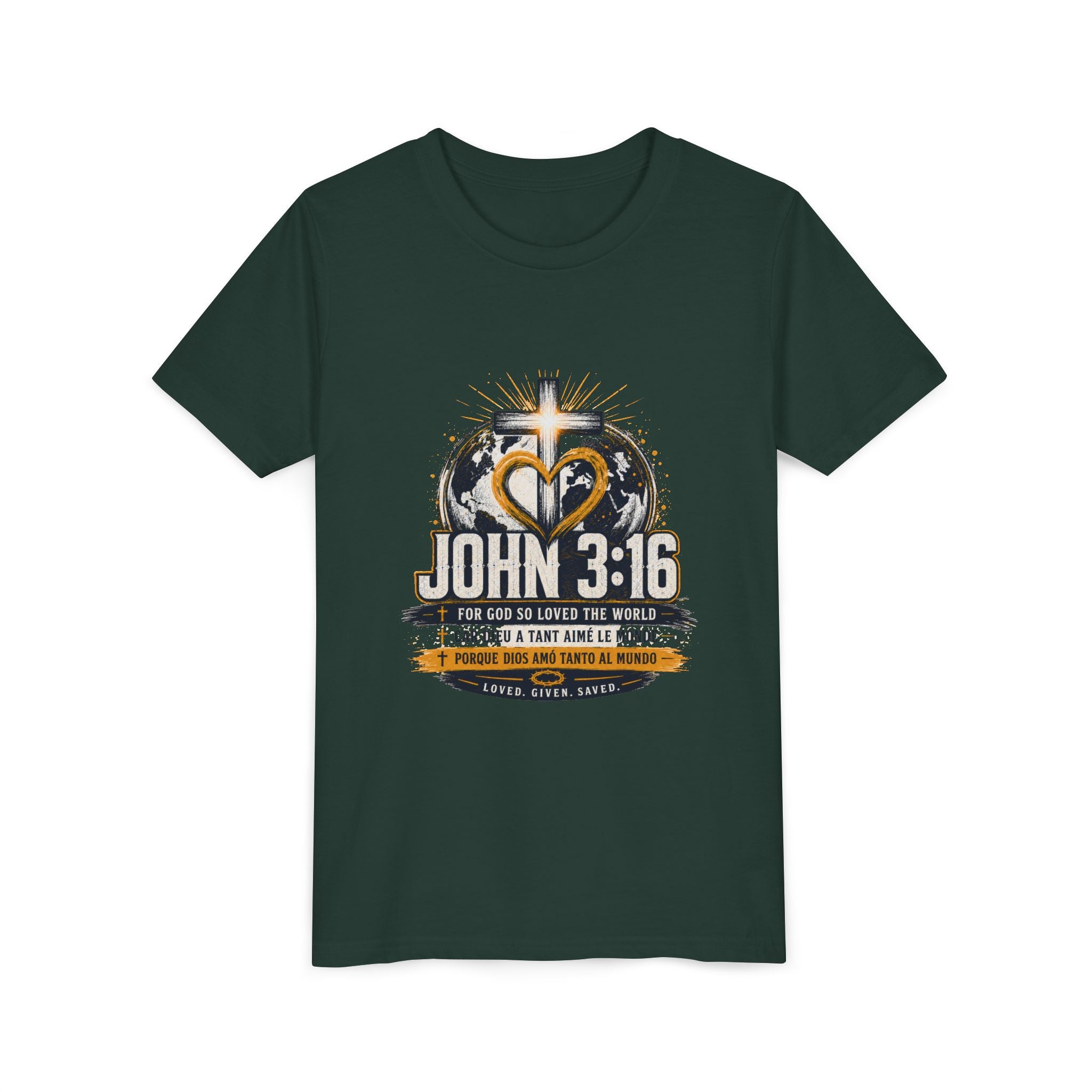 John 3:16 Youth Tee — Christian Inspirational Kids Shirt with Cross & Globe Design