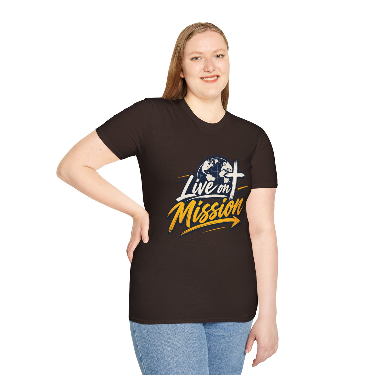 Live on Mission T-Shirt — Inspirational Christian Faith Tee with Globe & Cross Design