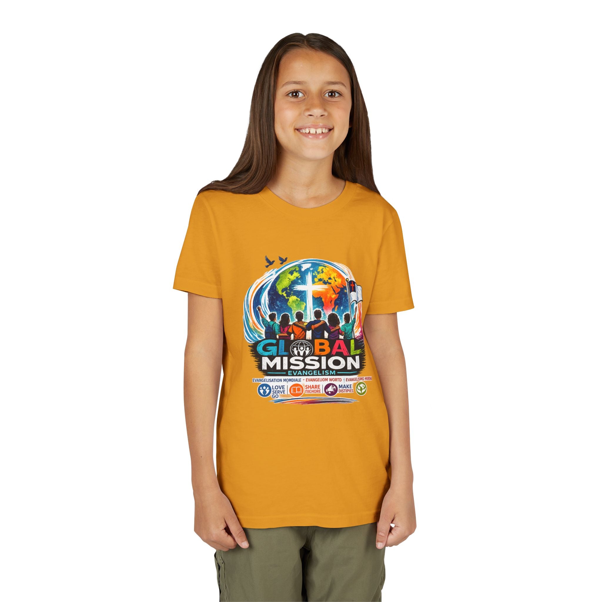 Youth Tee — Global Mission Kids Christian T‑Shirt with Cross & World Design