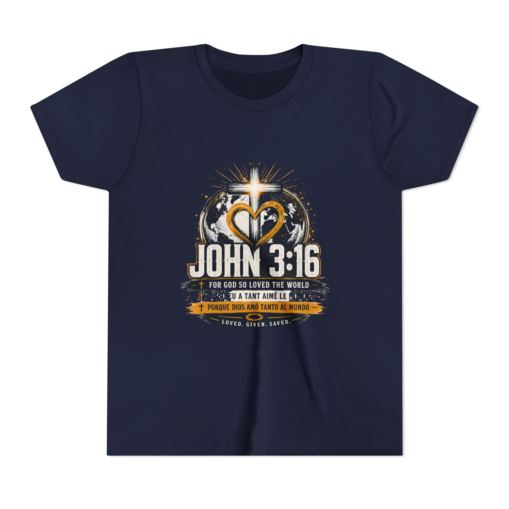 John 3:16 Youth Tee — Christian Inspirational Kids Shirt with Cross & Globe Design