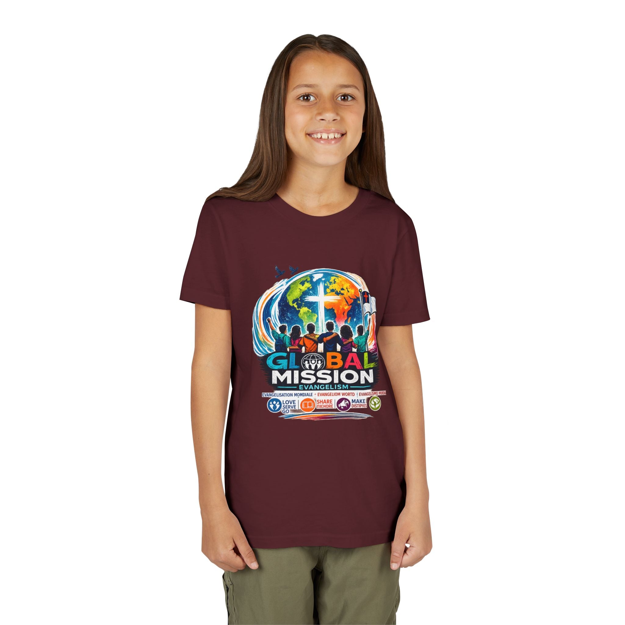 Youth Tee — Global Mission Kids Christian T‑Shirt with Cross & World Design