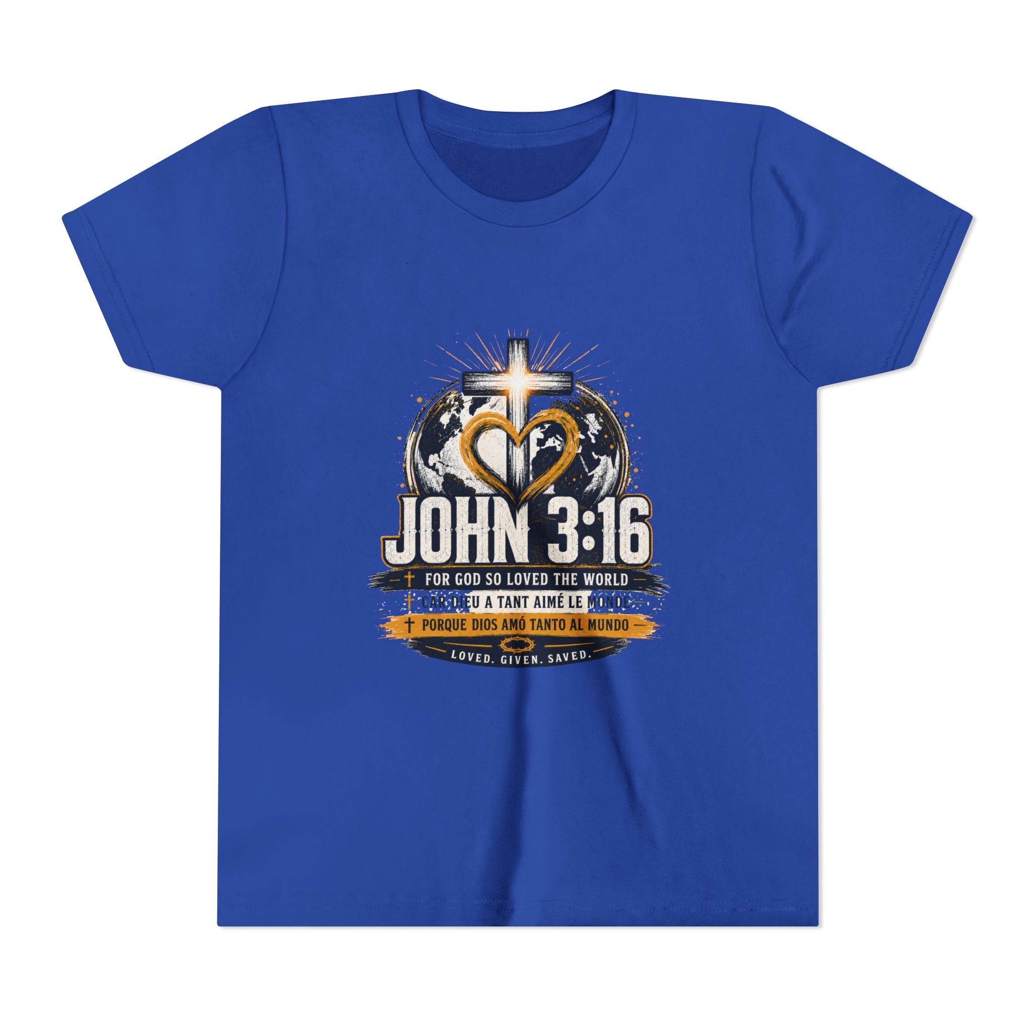 John 3:16 Youth Tee — Christian Inspirational Kids Shirt with Cross & Globe Design