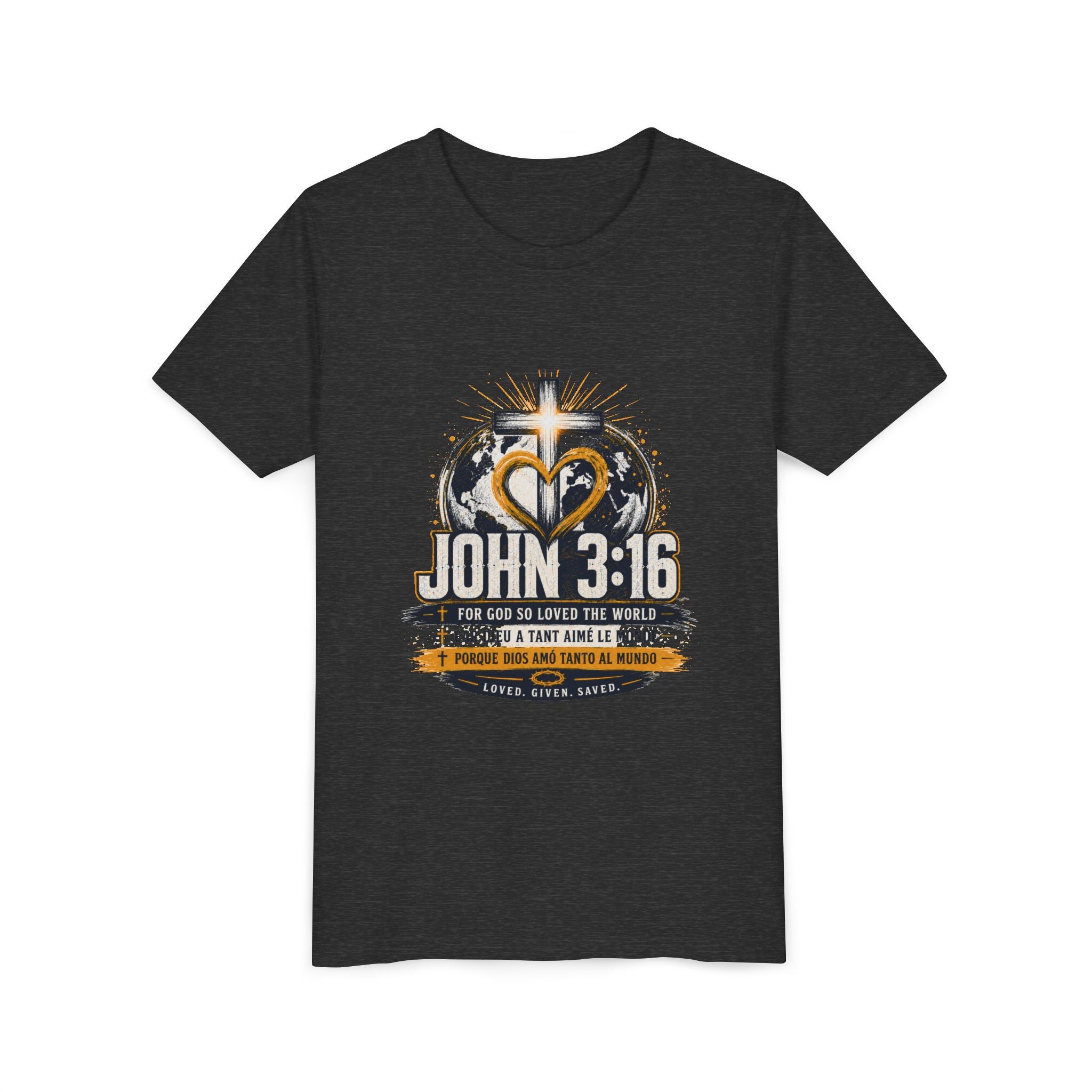 John 3:16 Youth Tee — Christian Inspirational Kids Shirt with Cross & Globe Design
