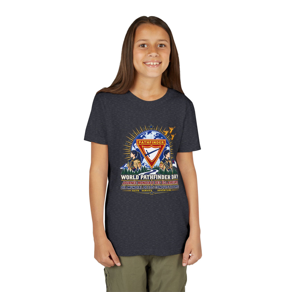 Youth Tee — World Pathfinder Day Badge Graphic (Trilingual)