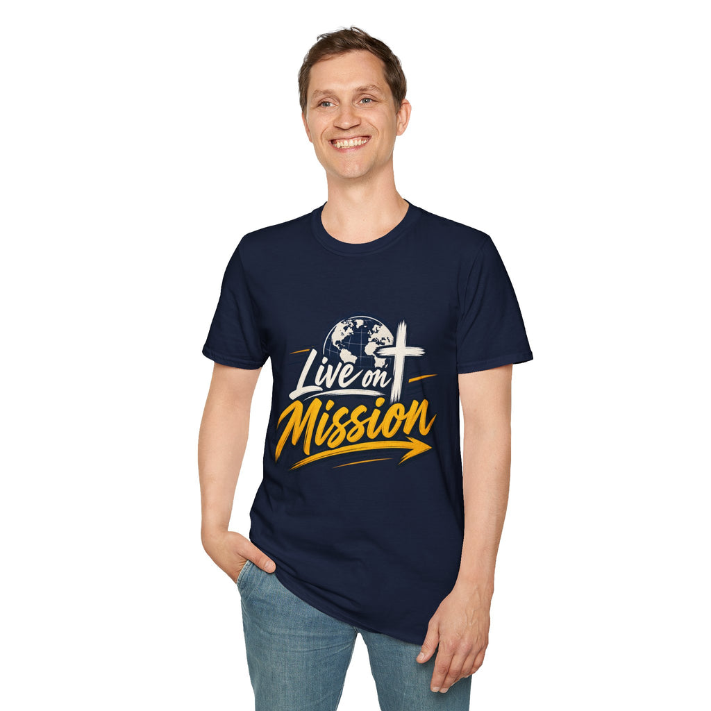 Live on Mission T-Shirt — Inspirational Christian Faith Tee with Globe & Cross Design