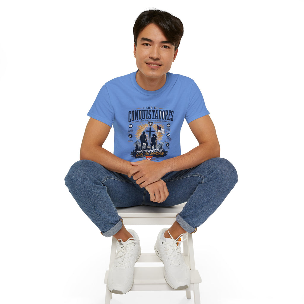 Conquistadores comprometido con su misión T-Shirt | Silueta de cruz cristiana, diseño de insignia de fe