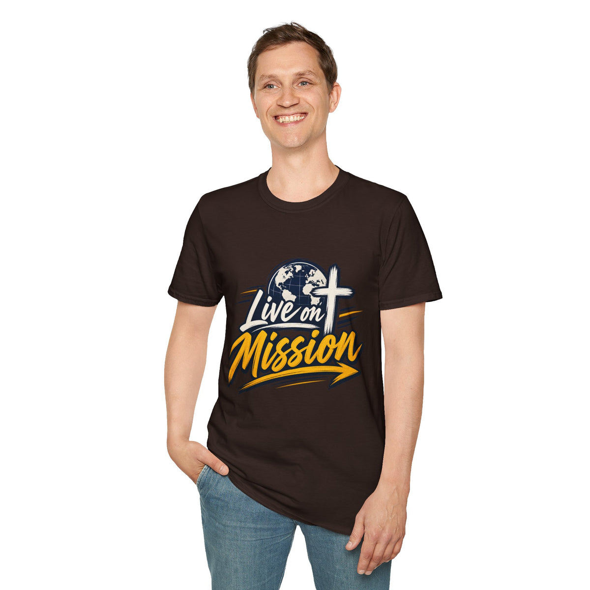 Live on Mission T-Shirt — Inspirational Christian Faith Tee with Globe & Cross Design
